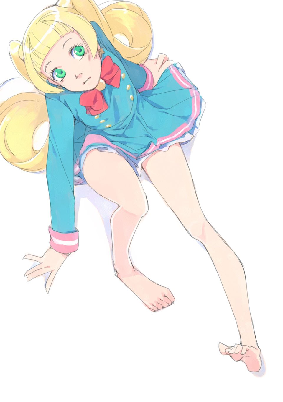 1girl, aikatsu!_(series), aikatsu_friends!, akinbo_(hyouka_fuyou), bangs, barefoot, blonde_hair, blue_dress
