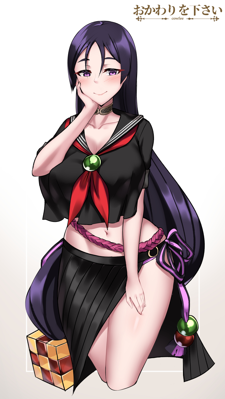 1girl, artist_logo, artist_name, beads, black_hair, black_serafuku, blush, breasts