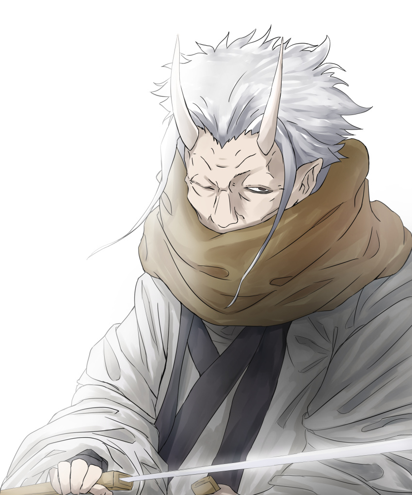 1boy, absurdres, black_eyes, brown_scarf, covered_mouth, grey_hair, hakurou_(tensei_shitara_slime_datta_ken), highres, holding, holding_sword, holding_weapon, long_sleeves, looking_at_viewer, male_focus, old_man, one_eye_closed, oni, oni_horns, scarf, solo, sword, tensei_shitara_slime_datta_ken, upper_body, weapon, white_background, wide_sleeves