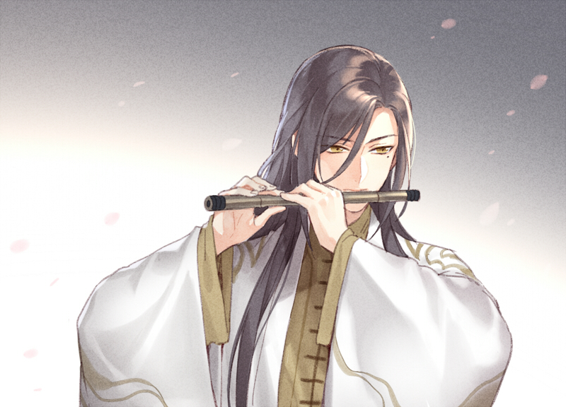 1boy, brown_hair, chinese_clothes, closed_mouth, eyebrows_visible_through_hair, gradient, gradient_background, grey_background