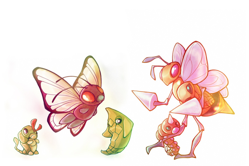 antennae, bee, beedrill, bug, butterfly, butterfree, caterpie, commentary, creature, creatures_(company), english_commentary, evolution, eye_contact, fangs, flying, francis_lumanog, game_freak, gen_1_pokemon, holding, holding_pokemon, horn, insect, kakuna, looking_at_another, metapod, nintendo, no_humans, orange_eyes, pink_eyes, pokemon, pokemon_(creature), simple_background, standing, standing_on_one_leg, weedle, white_background