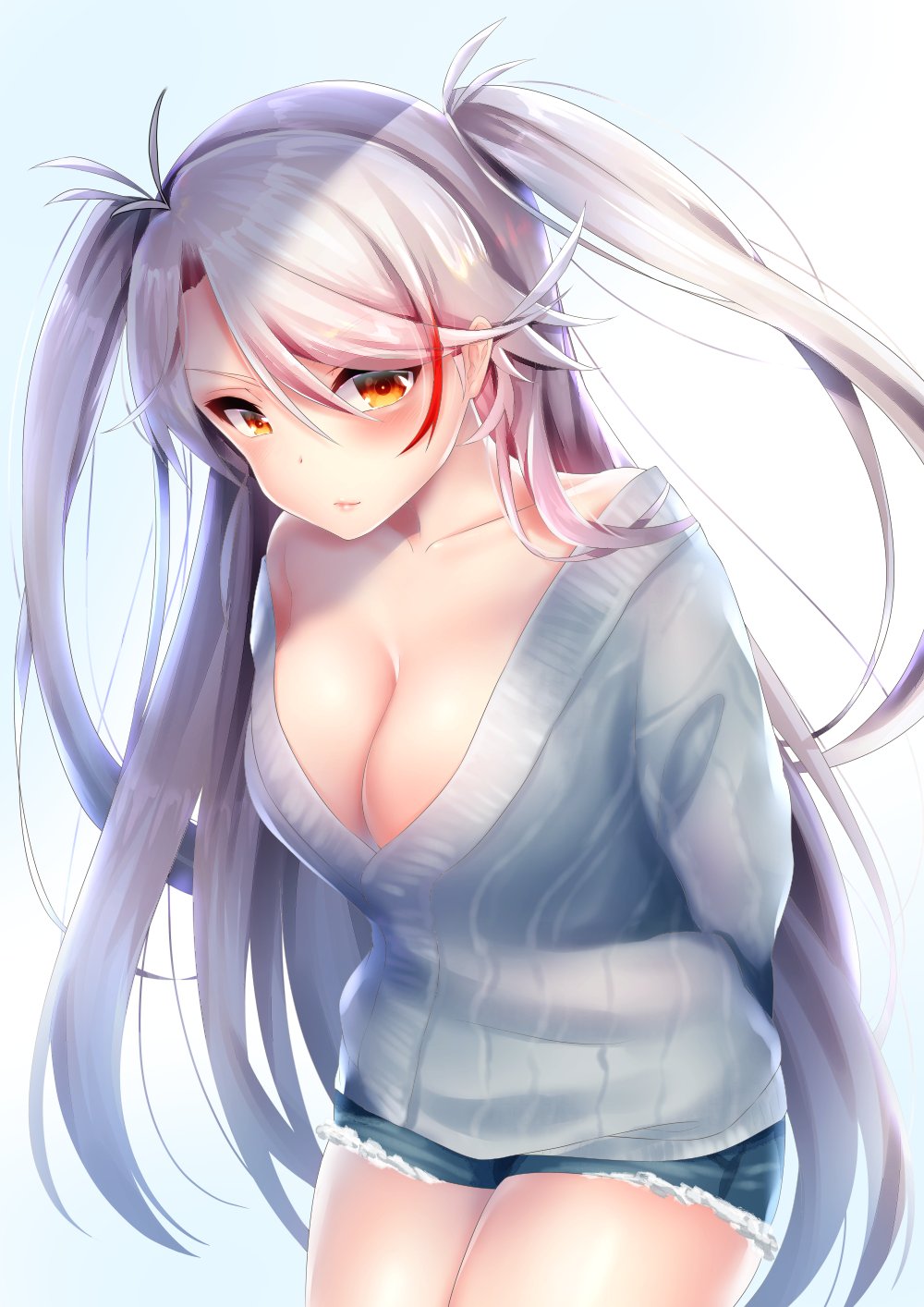 1girl, antenna_hair, azur_lane, bangs, blue_sweater, blush, breasts, brown_eyes