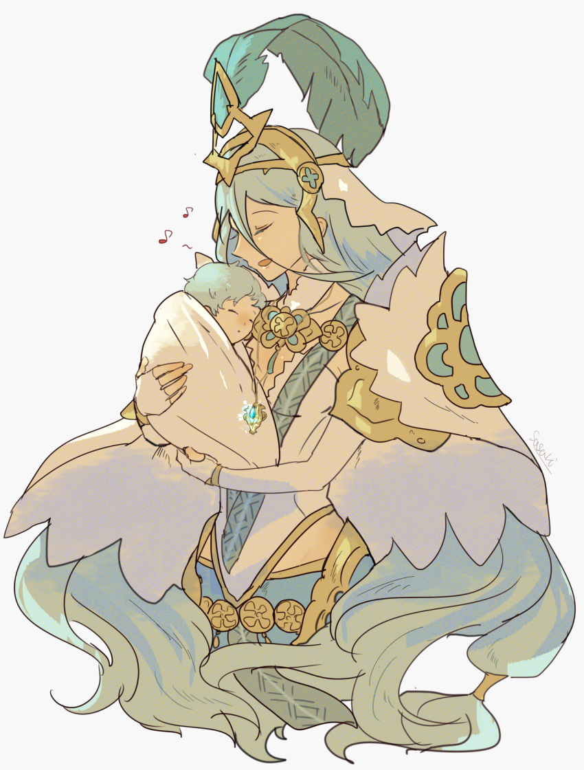 1boy, 1girl, aqua_(fire_emblem_if), aqua_hair, baby, closed_eyes, fingerless_gloves, fire_emblem