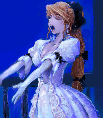 bow, breasts, celes_chere, cleavage, closed_eyes, dress, final_fantasy, final_fantasy_vi, hair_bow, long_hair, lowres, open_mouth, opera, ponytail, singing, solo, very_long_hair