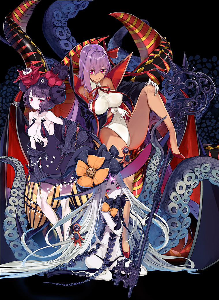 3girls, abigail_williams_(fate/grand_order), bangs, bat_wings, bb_(fate)_(all), bb_(swimsuit_mooncancer)_(fate), black_background, black_bow