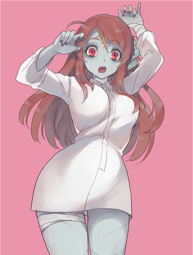 1girl, ahoge, azuki_(aduki), bandage, bow, dress_shirt, forehead_scar, green_skin