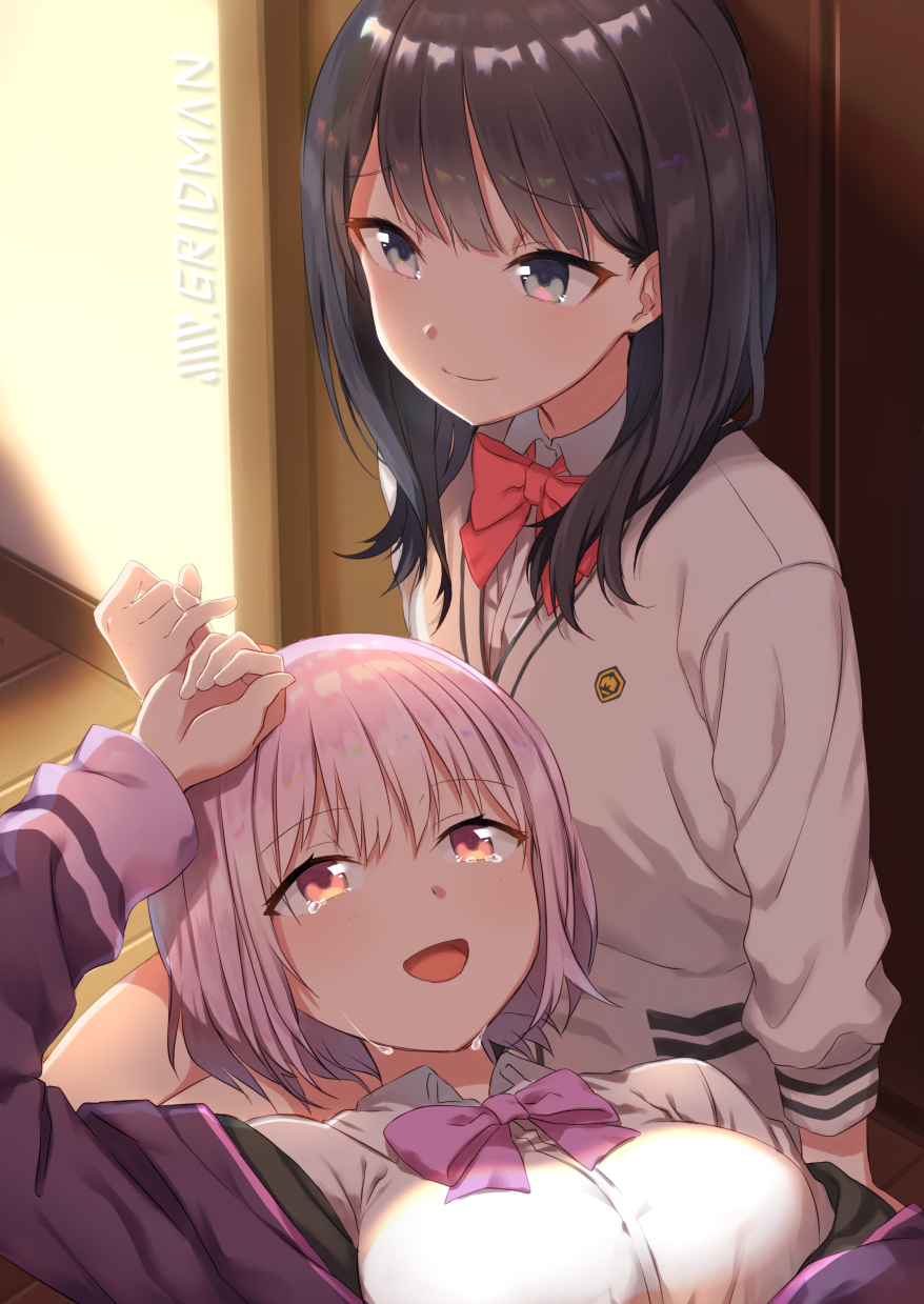 2girls, :d, black_hair, blue_eyes, blush, bow, bowtie, cardigan, closed_mouth, commentary_request, copyright_name, eyebrows_visible_through_hair, highres, indoors, long_sleeves, multiple_girls, open_mouth, otousan952, pink_hair, purple_neckwear, red_eyes, red_neckwear, shinjou_akane, shirt, short_hair, smile, ssss.gridman, takarada_rikka, tears, white_cardigan, white_shirt