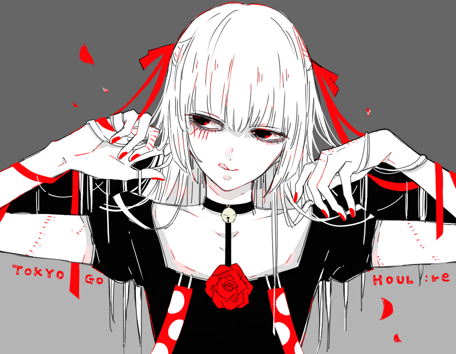 1boy, alternate_hair_color, androgynous, bare_arms, bell, bell_collar, black_collar, black_dress, bow, collar, collarbone, commentary_request, crossdressinging, dress, fingernails, flower, grey_background, hair_bow, hair_ornament, kenkoumineral13, long_hair, looking_to_the_side, nail_polish, open_eyes, red, red_bow, red_eyes, red_flower, red_nails, roman_numerals, rose, simple_background, solo, stitches, suspenders, suzuya_juuzou, tokyo_ghoul, tokyo_ghoul:re, tongue, tongue_out, white_hair, wig