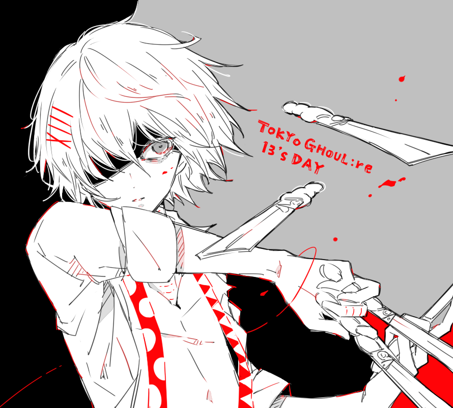 1boy, blood, closed_mouth, commentary_request, dot_nose, greyscale, hair_ornament, hair_over_one_eye