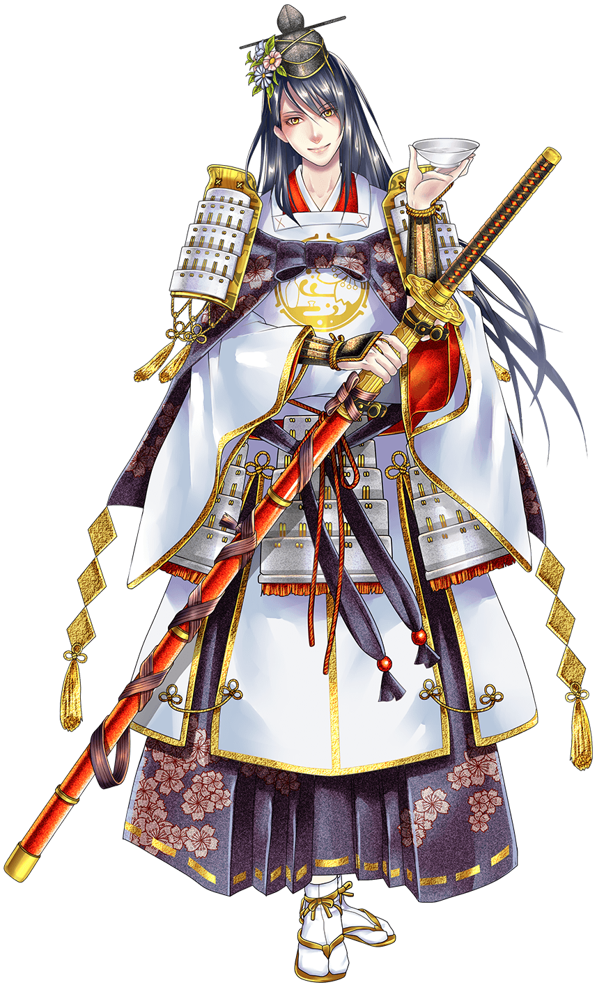 1boy, armor, black_hair, cup, flower, full_body, hakama, hat, highres, japanese_armor, japanese_clothes, jirou_tachi, kiwame_(touken_ranbu), long_hair, male_focus, official_art, ootachi, sakazuki, sandals, sheath, sheathed, shoulder_armor, smile, sode, sword, tabi, tomida_tomomi, touken_ranbu, transparent_background, weapon, yellow_eyes