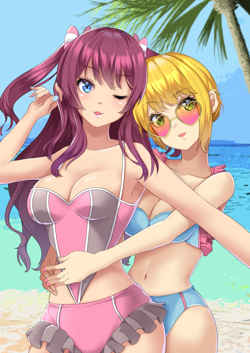 2girls, :3, :d, ;3, ;d, absurdres, adjusting_hair, bare_arms