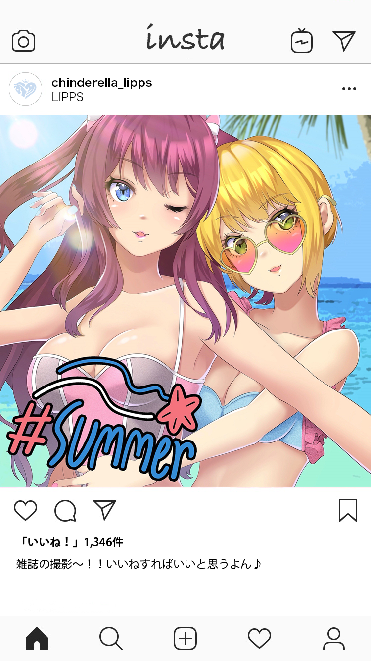 2girls, :3, :d, ;3, ;d, absurdres, adjusting_hair, bare_arms, bare_shoulders, beach, bikini, blonde_hair, blue_bikini, blue_eyes, blue_nails, blue_swimsuit, blush, breasts, cleavage, collarbone, commentary_request, couple, day, eyebrows_visible_through_hair, fake_screenshot, female, frilled_bikini, frilled_swimsuit, frills, green-framed_eyewear, green_eyes, grey_bikini, grey_swimsuit, hair_ribbon, happy, head_tilt, heart, heart-shaped_eyewear, hibernation, highres, hug, hug_from_behind, ichinose_shiki, idolmaster, idolmaster_cinderella_girls, instagram, large_breasts, lazy_lazy_(idolmaster), lens_flare, light_blue_bikini, light_blue_nails, light_blue_swimsuit, lips, long_hair, looking_at_viewer, medium_breasts, midriff, miyamoto_frederica, multicolored, multicolored_bikini, multicolored_clothes, multicolored_swimsuit, multiple_girls, nail_polish, neck, ocean, one_eye_closed, open_mouth, outdoors, palm_tree, phone_screen, pink_bikini, pink_nails, pink_ribbon, pink_swimsuit, purple_hair, ribbon, sea, short_hair, smile, standing, sun, sunglasses, swimsuit, translation_request, tree, two_side_up, upper_body, yuri