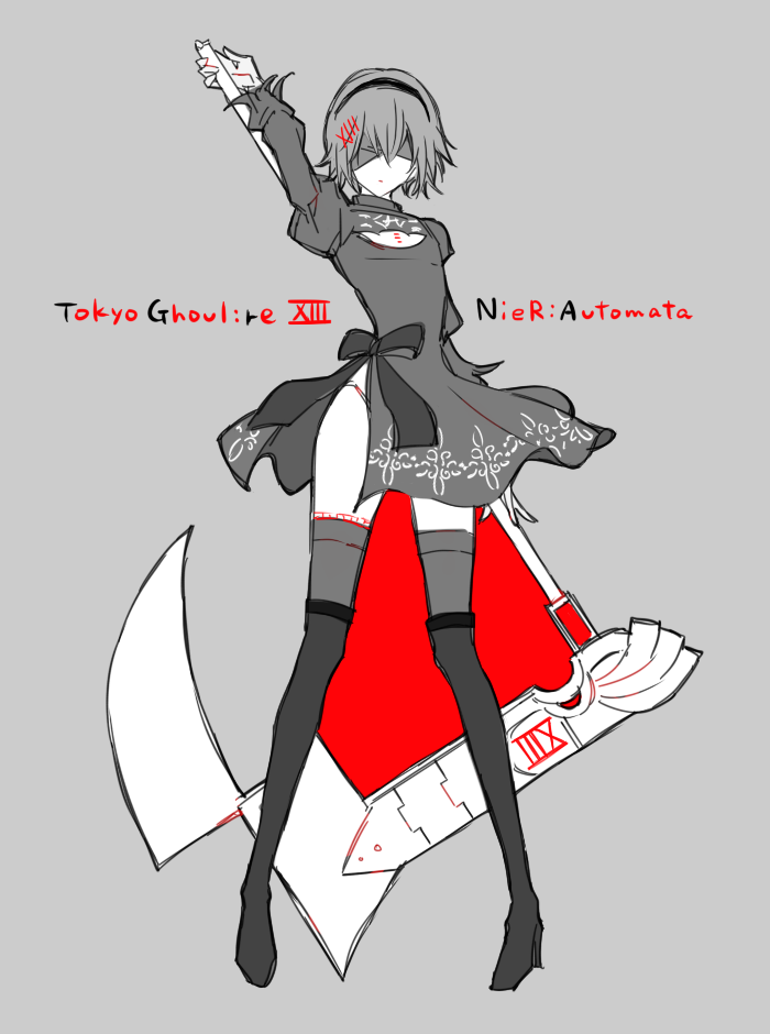 1girl, alternate_hair_color, alternate_weapon, black_blindfold, black_dress, black_footwear, black_legwear, black_ribbon