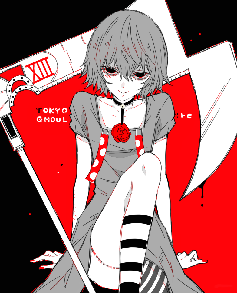 1boy, androgynous, bare_arms, bell, bell_collar, black_blood, black_collar, black_eyes