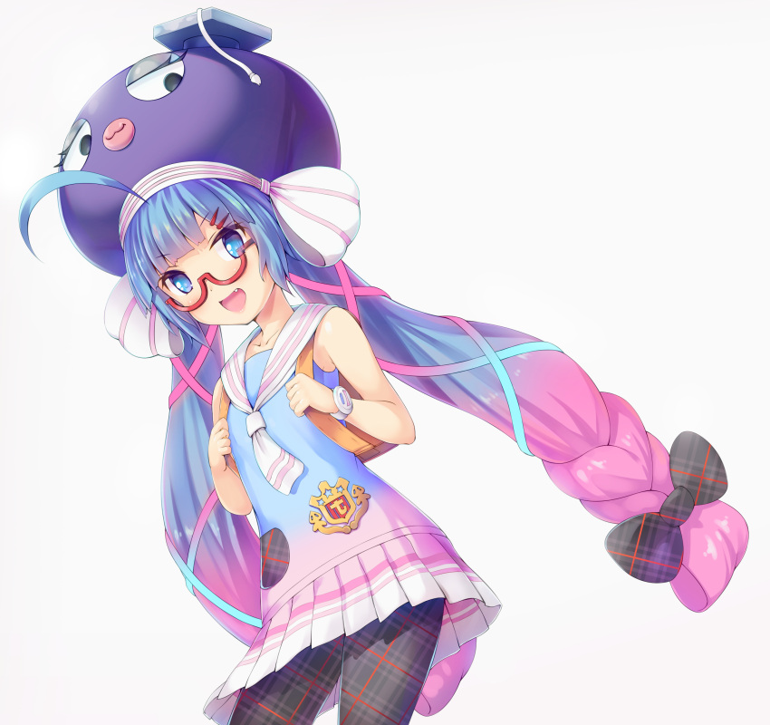 1girl, :d, ahoge, akyorapenyo, backpack, bag, bare_shoulders, blue_eyes