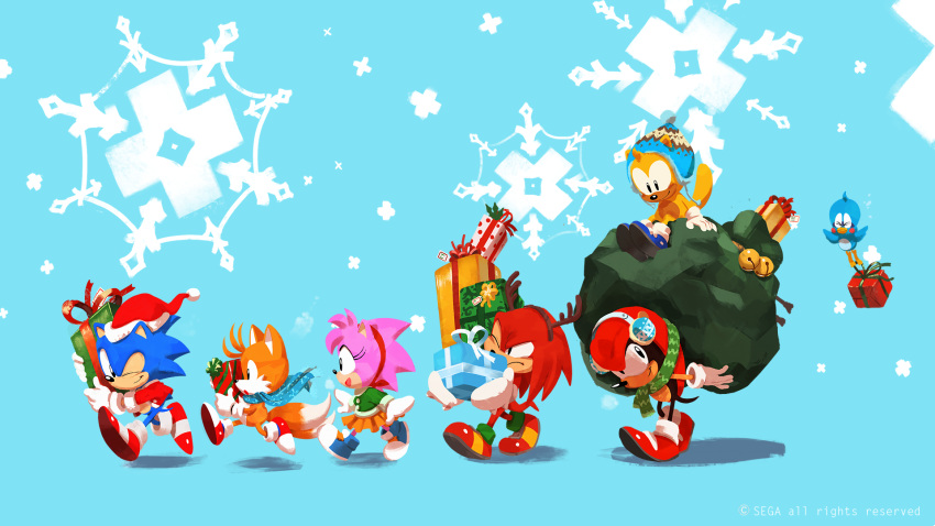1girl, 5boys, ;), amy_rose, armadillo, bird, blue_background, blue_hat