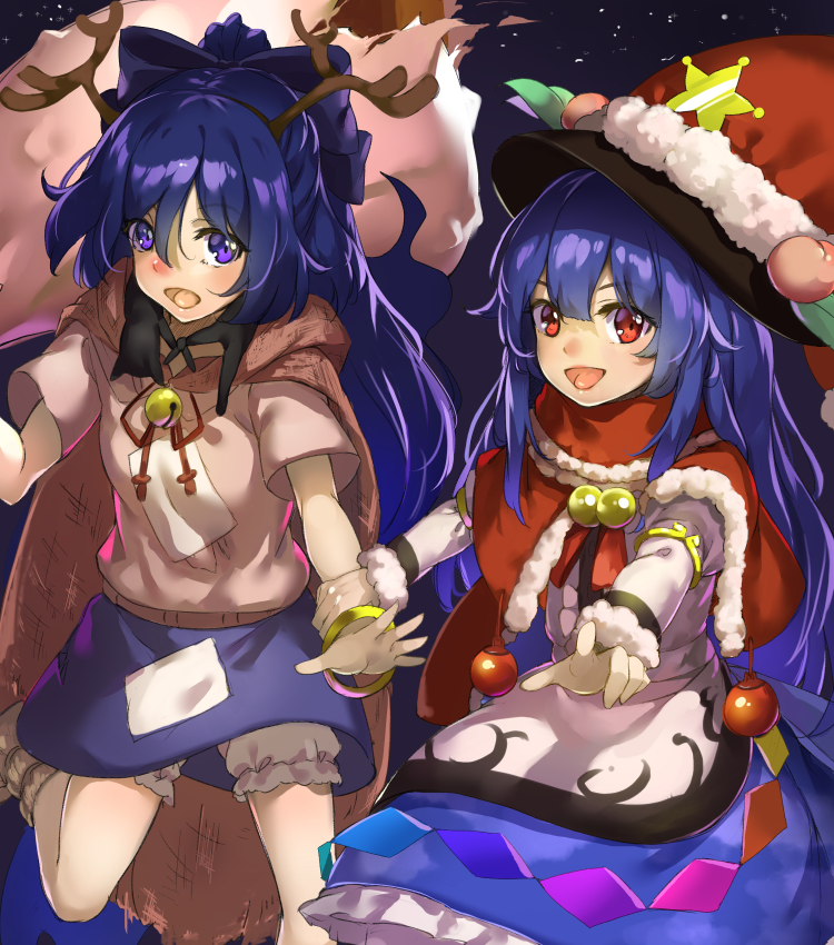 2girls, armlet, bangle, bell, bloomers, blue_eyes, blue_hair, blue_skirt