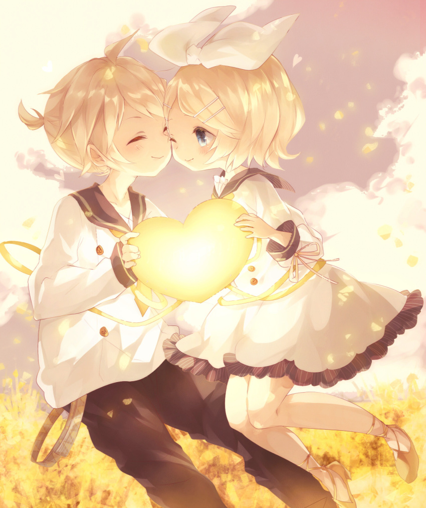 1boy, 1girl, ;>, ^_^, anniversary, birthday, blonde_hair, blue_eyes