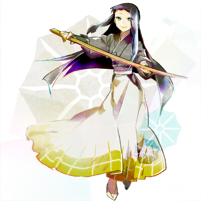1girl, aqua_eyes, black_hair, bokken, commentary_request, fingerless_gloves, full_body, gloves