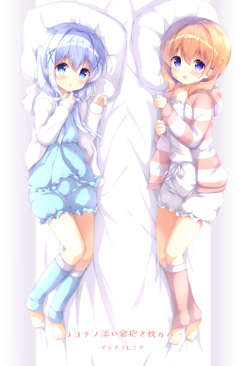 2girls, :d, amedamacon, bangs, barefoot, bed_sheet, bloomers, blue_bloomers