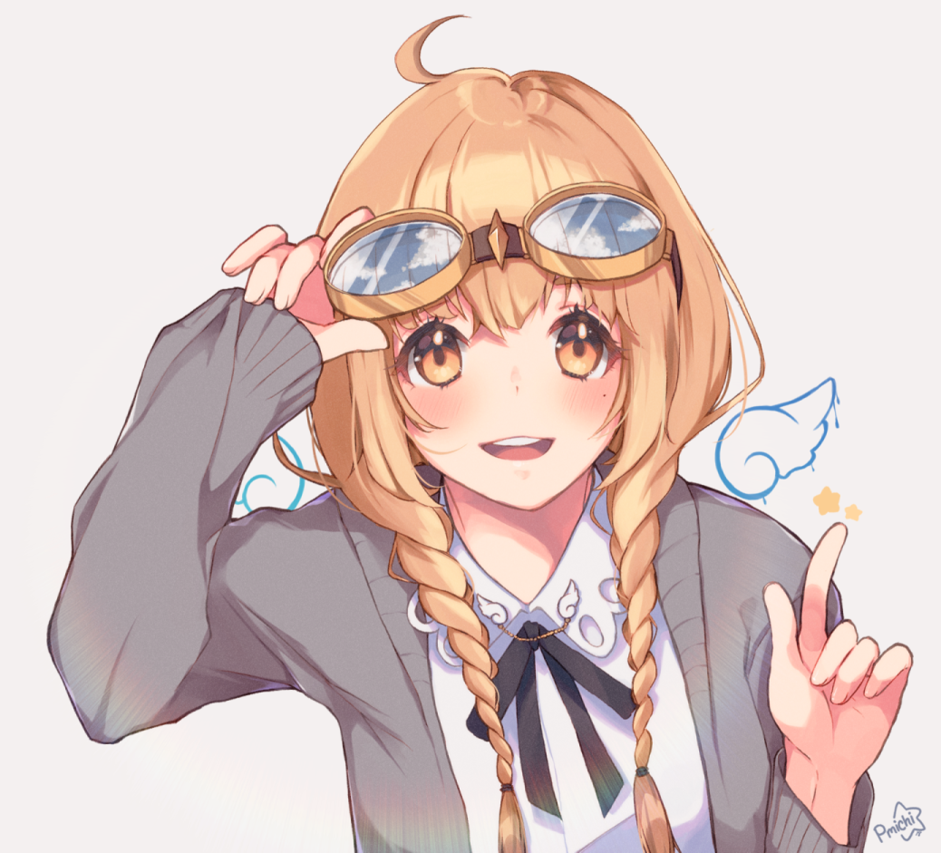 1girl, ahoge, bangs, blush, braid, brown_eyes, cardigan, goggles