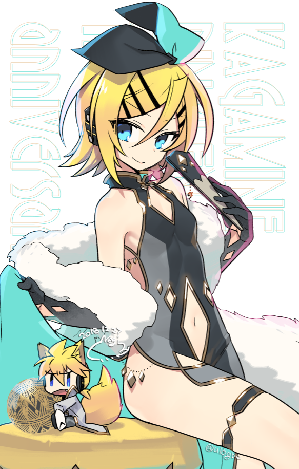 1boy, 1girl, 2018, animal_ears, anniversary, artist_name, bare_shoulders, blonde_hair