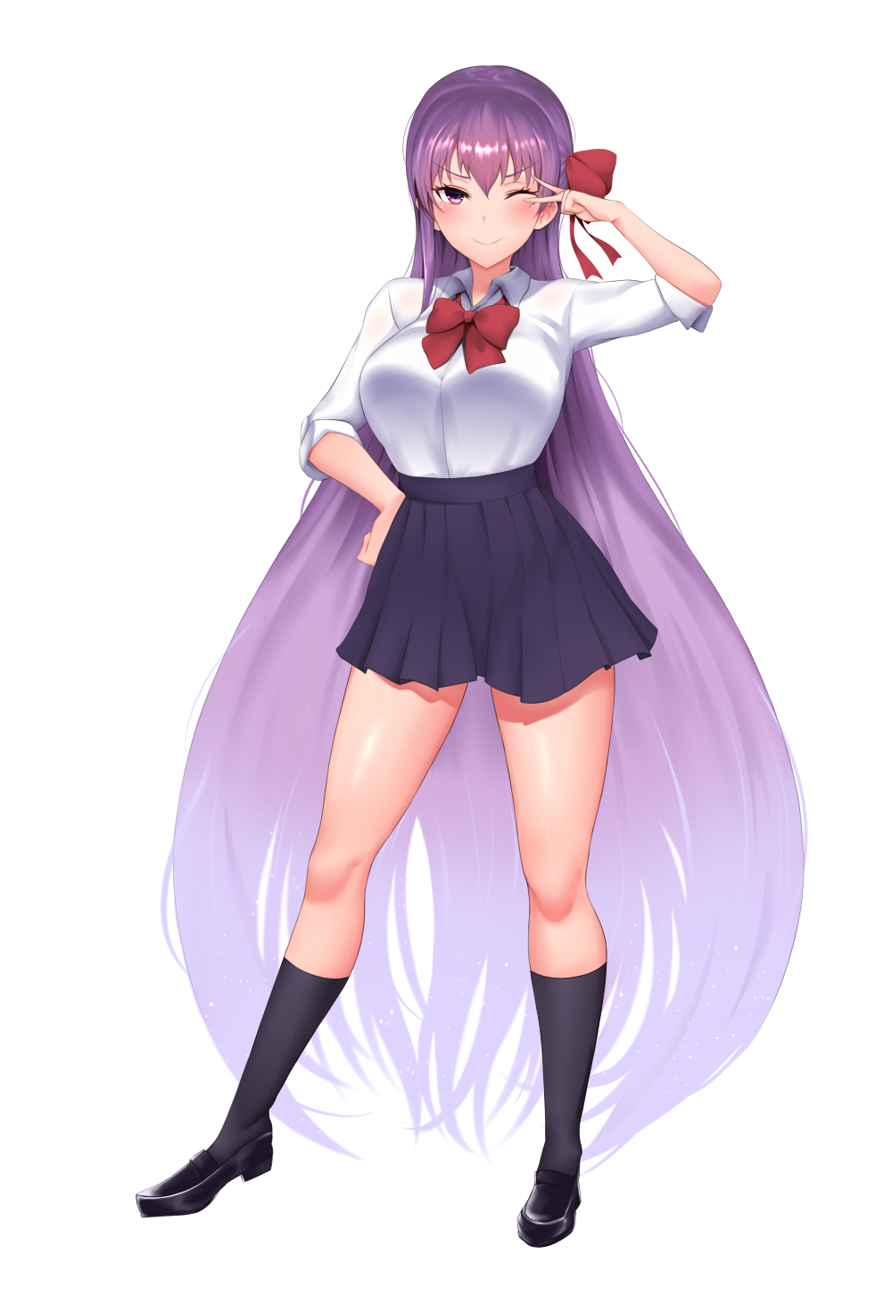 1girl, ;), absurdly_long_hair, alternate_costume, bb_(fate)_(all), bb_(fate/extra_ccc), black_footwear, black_legwear