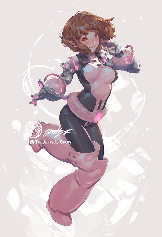 1girl, blush, bodysuit, boku_no_hero_academia, boots, brown_eyes, brown_hair, commentary