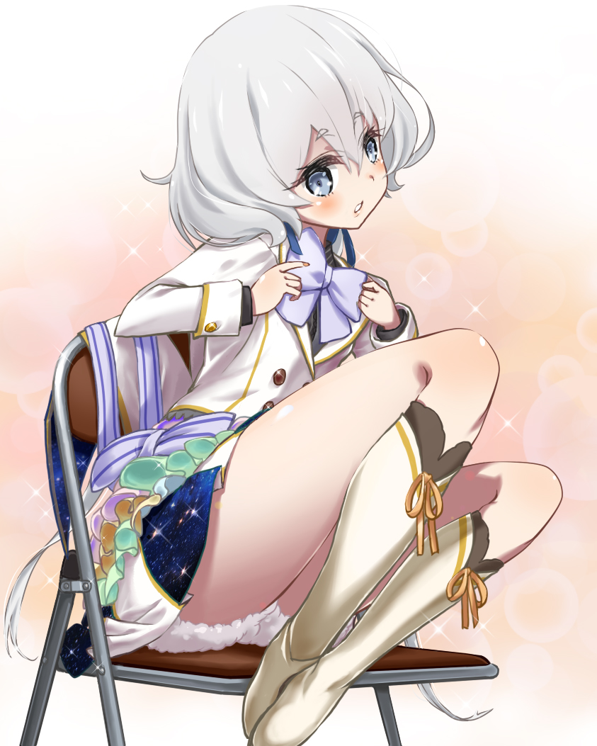 1girl, blue_eyes, blush, boots, bow, bowtie, chair, idol