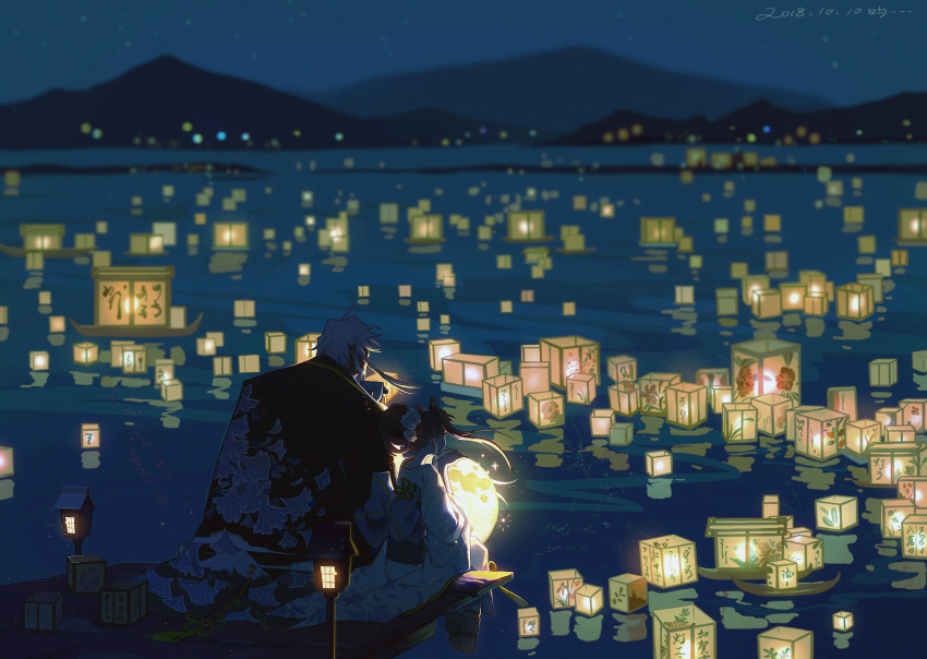 1boy, 1girl, absurdres, afloat, afloat_lantern, artist_name, backlighting, beard