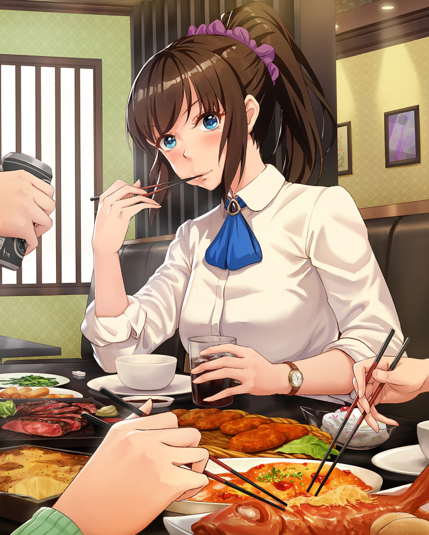 1girl, blue_eyes, blush, brown_hair, chopsticks, chopsticks_in_mouth, collared_shirt, dress_shirt