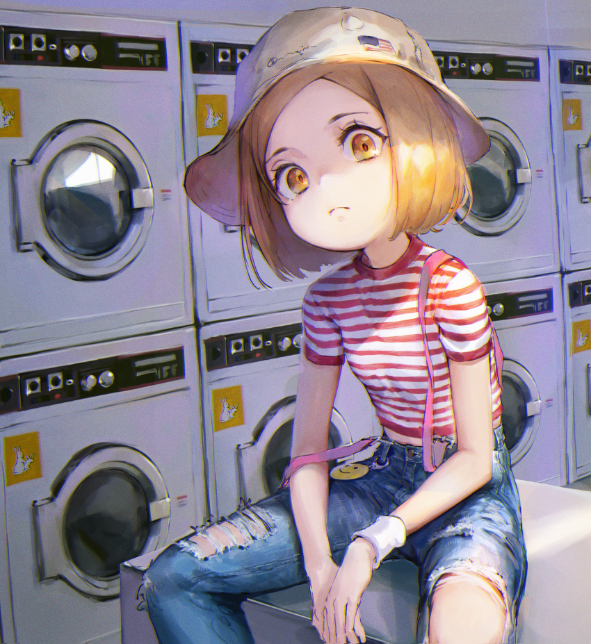1girl, absurdres, alternate_costume, american_flag, bangs, blonde_hair, denim, fate/grand_order