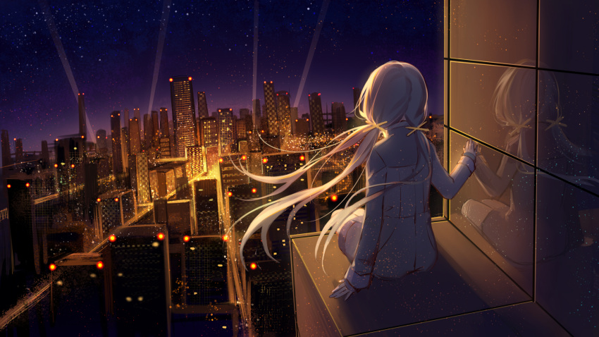 1girl, building, chinese_commentary, city_lights, cityscape, commentary_request, dress, dutch_angle, from_behind, hair_blowing, hair_ribbon, hand_on_wall, highres, lavender_hair, ledge, light_particles, light_trail, long_hair, night, night_sky, outdoors, pos2457564744, quad_tails, reflection, ribbon, searchlight, sitting, sky, skyscraper, sleeves_past_wrists, solo, star_(sky), starry_sky, vocaloid, white_dress, xingchen