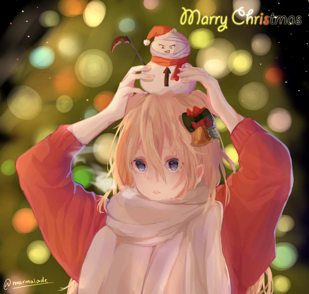 1girl, arms_up, blonde_hair, blurry, bow, breath, christmas, depth_of_field, directional_arrow, english_text, eyebrows_visible_through_hair, green_bow, hair_between_eyes, hair_bow, hat, isaac_foster, long_hair, marmalade_(7591468), on_head, parted_lips, rachel_gardner, santa_hat, satsuriku_no_tenshi, scarf, snowman, twitter_username, typo, upper_body, violet_eyes, white_scarf