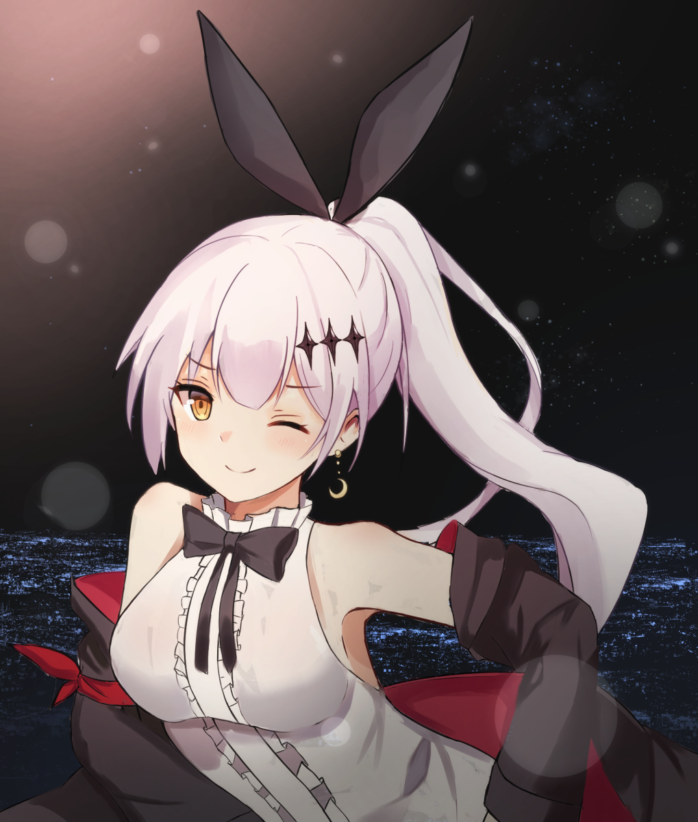 1girl, armpits, blush, city_lights, cityscape, closed, commentary, earrings