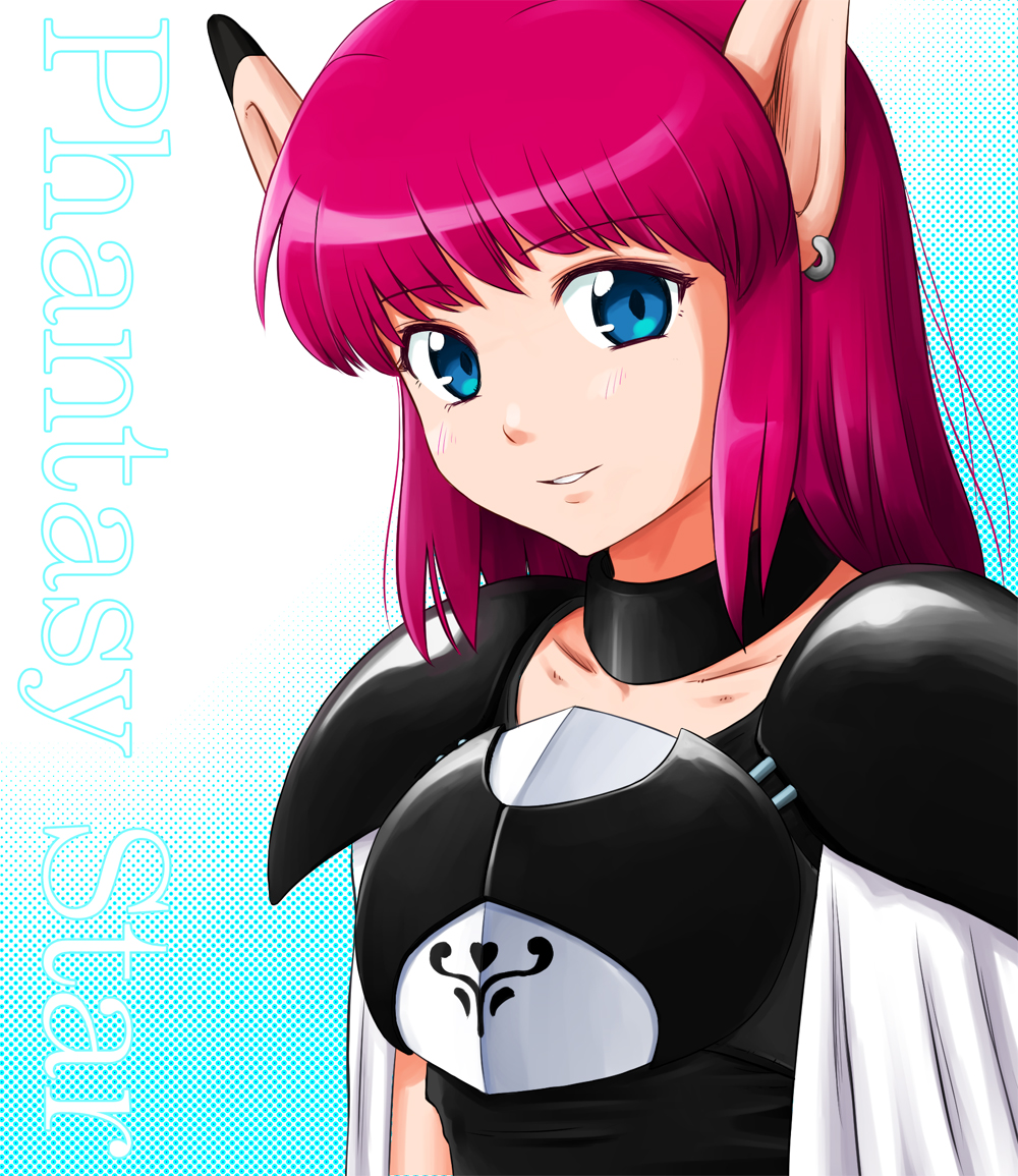 1girl, blue_eyes, blush, choker, collarbone, commentary_request, copyright_name, earrings