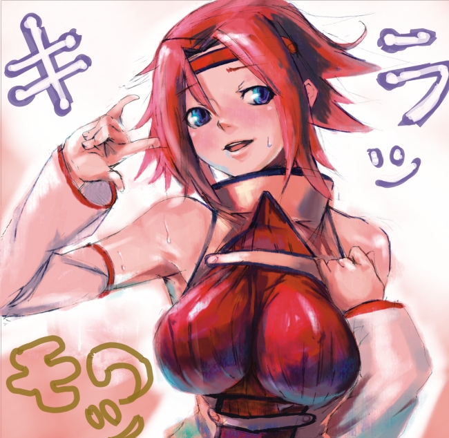 bare_shoulders, blue_eyes, breasts, code_geass, detached_sleeves, headband, kallen_stadtfeld, large_breasts, macross, macross_frontier, mantarou, parody, pink_hair, seikan_hikou, short_hair, sleeveless, sleeveless_turtleneck, turtleneck