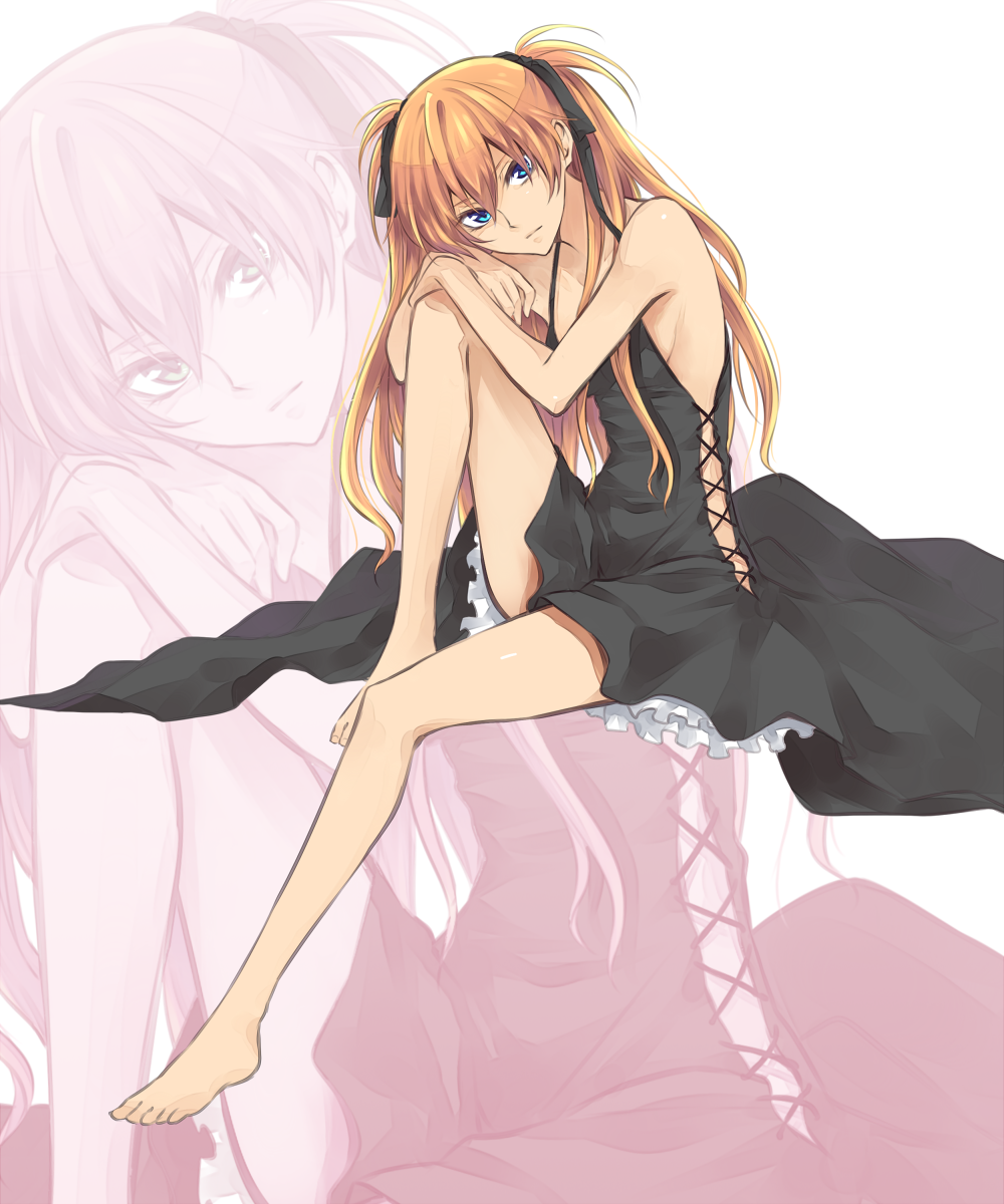 1girl, barefoot, black_dress, black_ribbon, blue_eyes, breasts, brown_hair, dress
