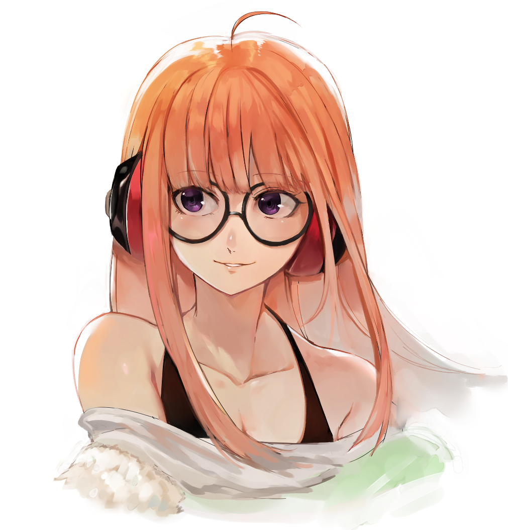 1girl, ahoge, black-framed_eyewear, breasts, brown_hair, cleavage, collarbone, cropped_torso, eyebrows_visible_through_hair, floating_hair, glasses, headphones, long_hair, looking_to_the_side, lor_(roasyerizyonirapi), off-shoulder_shirt, off_shoulder, parted_lips, persona, persona_5, sakura_futaba, shirt, simple_background, small_breasts, smile, solo, upper_body, violet_eyes, white_background, white_shirt