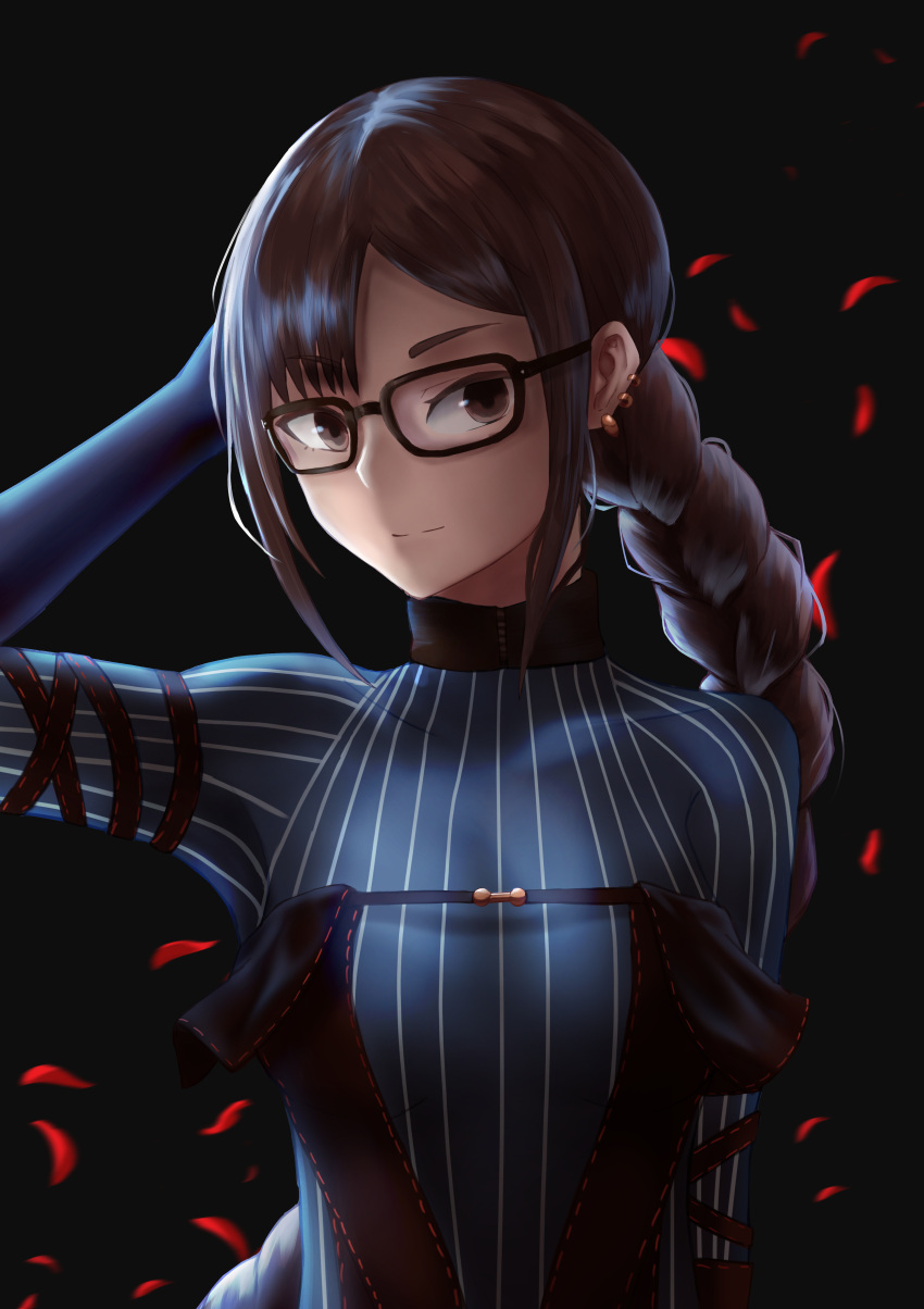 1girl, absurdres, black-framed_eyewear, black_background, blue_gloves, braid, braided_ponytail, brown_eyes