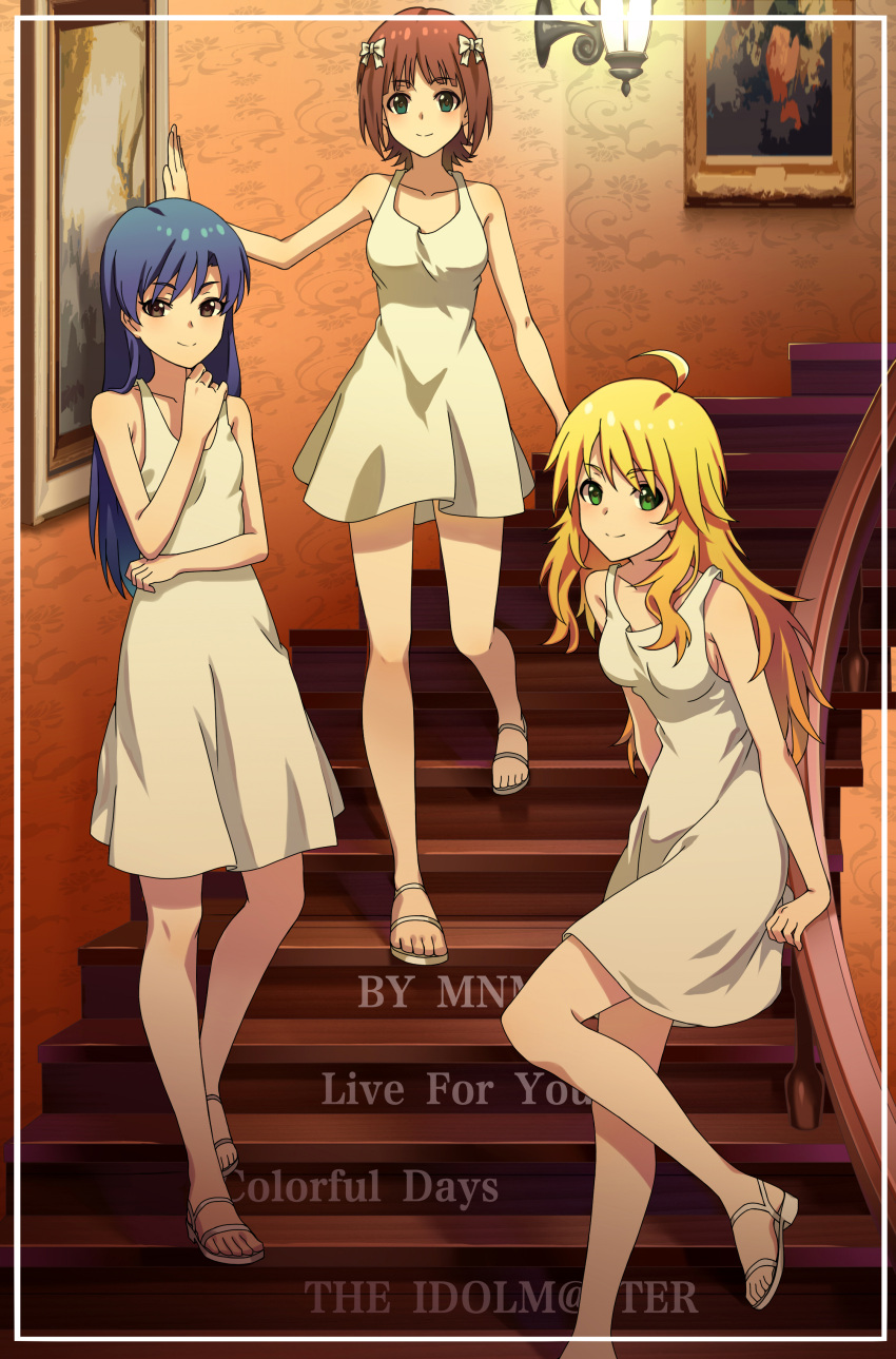 3girls, absurdres, ahoge, amami_haruka, blonde_hair, blue_hair, blush, bow, brown_eyes, brown_hair, copyright_name, dress, full_body, green_eyes, hair_bow, highres, hoshii_miki, idolmaster, idolmaster_(classic), indoors, kisaragi_chihaya, long_hair, looking_at_viewer, makise_medaka, multiple_girls, short_dress, short_hair, sleeveless, sleeveless_dress, smile, stairs, standing, very_long_hair, white_bow, white_dress