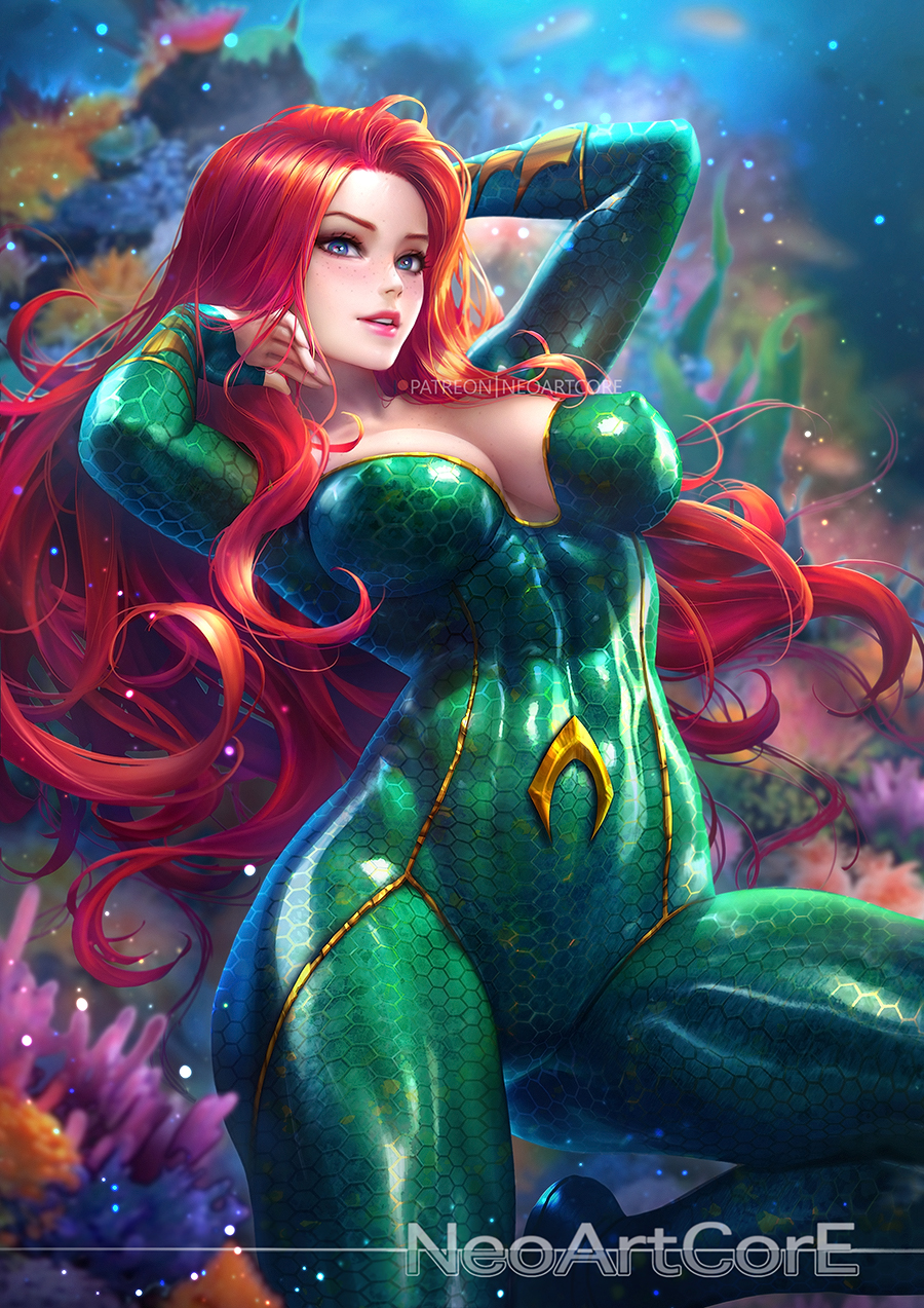 1girl, abs, adjusting_hair, aquaman_(series), arms_up, artist_name, blue_eyes, blurry, blush, breasts, cleavage, collarbone, commentary, coral, covered_navel, dc_comics, depth_of_field, emblem, erect_nipples, fish, flowing_hair, highres, long_hair, looking_at_viewer, medium_breasts, mera_(dc), nudtawut_thongmai, parted_lips, reclining, redhead, scales, shiny, shiny_clothes, smile, solo, superhero, toned, underwater, very_long_hair