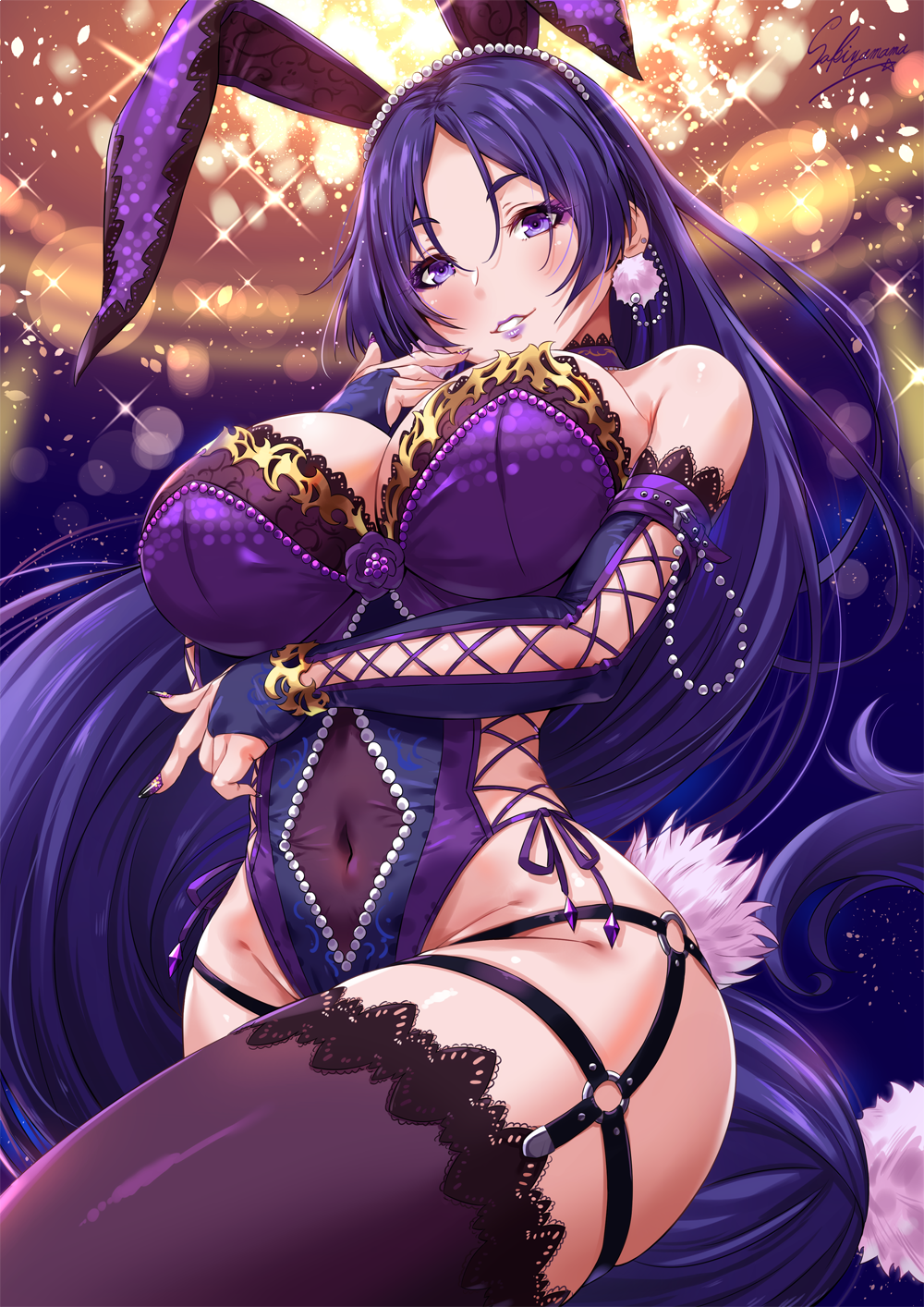1girl, animal_ears, arm_under_breasts, bangs, bare_shoulders, blurry, blurry_background, blush