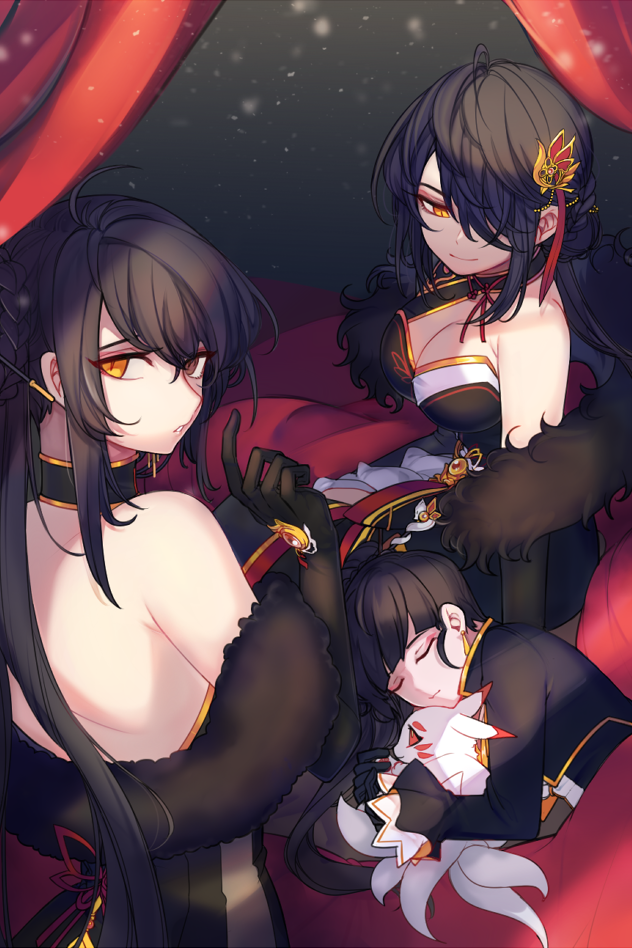 3girls, ahoge, ara_han, asymmetrical_clothes, bangs, bare_shoulders, black_dress, black_gloves