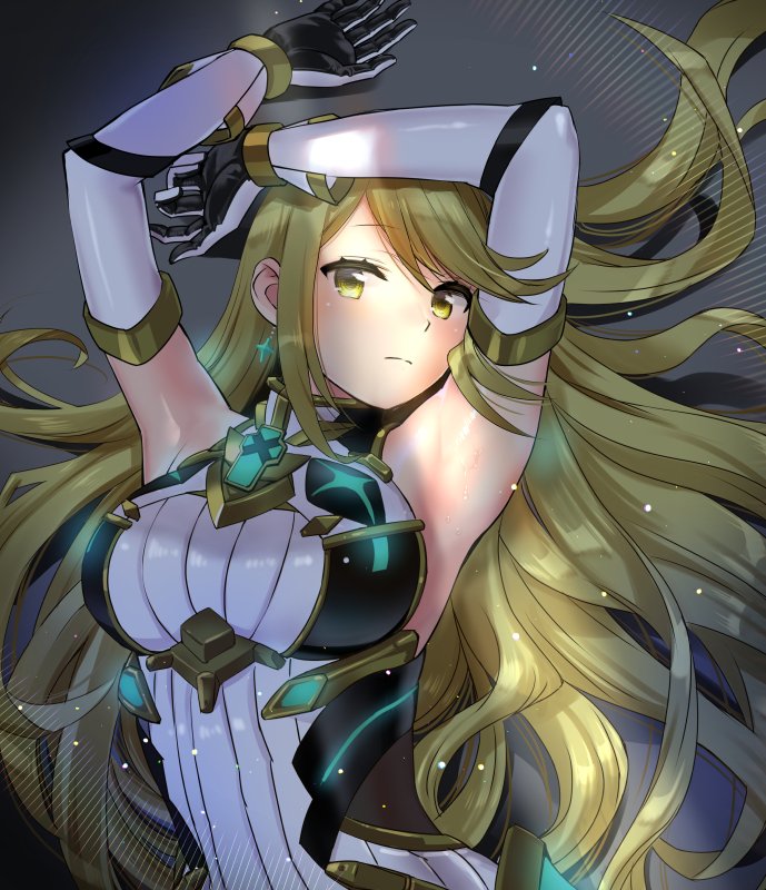 1girl, alternate_costume, armor, armpits, bangs, blonde_hair, breasts, dress