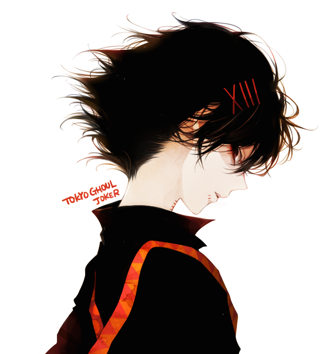 1boy, androgynous, black_hair, black_shirt, commentary_request, from_side, hair_between_eyes, hair_ornament, hairclip, kenkoumineral13, looking_at_viewer, male_focus, open_eyes, open_mouth, red_eyes, roman_numerals, shirt, short_hair, simple_background, solo, stitches, suspenders, suzuya_juuzou, tokyo_ghoul, tokyo_ghoul:re, white_background, wind, x_hair_ornament