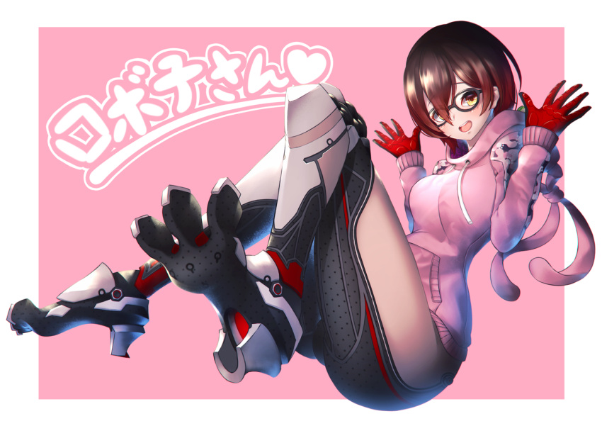 1girl, 307_(aho307), :d, black-framed_eyewear, black_gloves, character_name, commentary, eyebrows_visible_through_hair