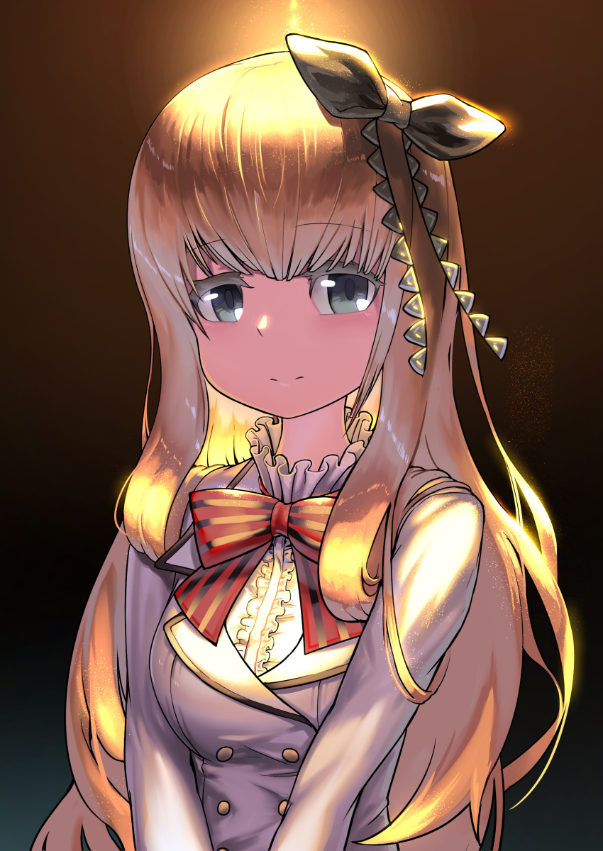 1girl, absurdres, bangs, blazer, blonde_hair, blue_eyes, bow, breasts