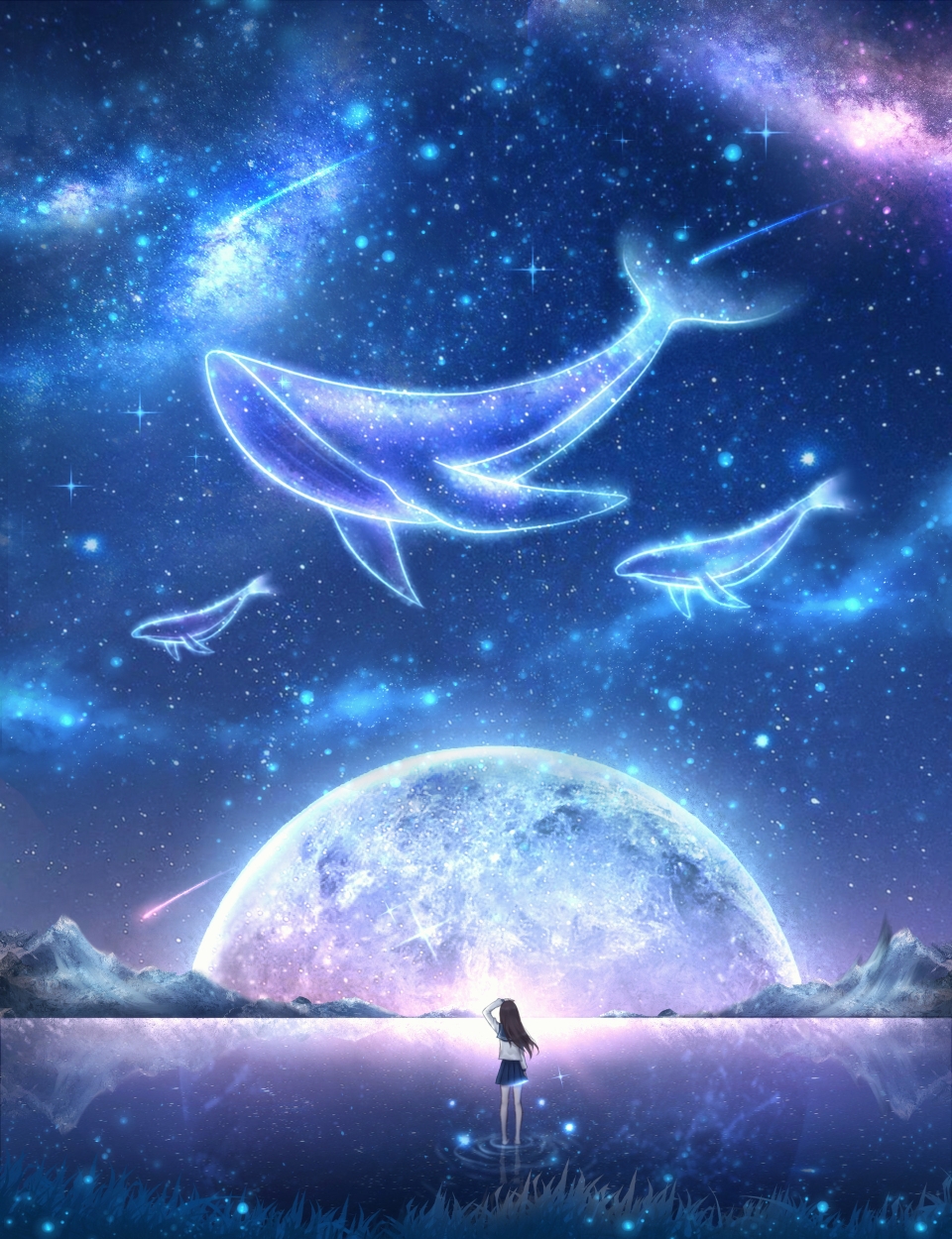 1girl, arm_at_side, arm_up, bare_legs, barefoot, black_hair, blouse, blue_sailor_collar, blue_skirt, czy_(2894456992), facing_away, fantasy, from_behind, full_moon, glint, grass, highres, lake, light_particles, long_hair, long_sleeves, milky_way, miniskirt, moon, mountain, night, night_sky, original, outdoors, pleated_skirt, reflection, ripples, sailor_collar, scenery, school_uniform, serafuku, shirt, shooting_star, skirt, sky, solo, space_whale, standing, standing_on_liquid, star_(sky), starry_sky, thighs, water, whale, white_shirt, wide_shot