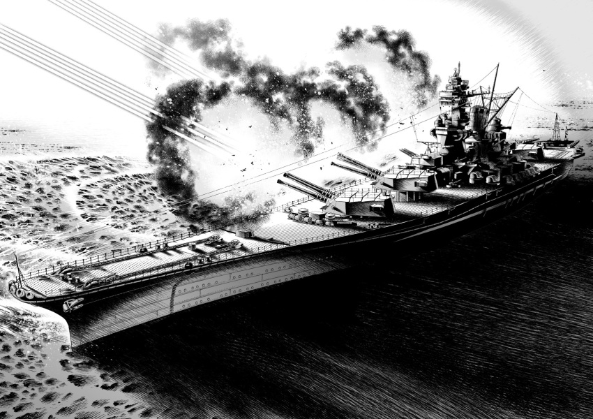 battleship, commentary_request, firing, greyscale, highres, hiroki_(soramamehkk), imperial_japanese_navy, military